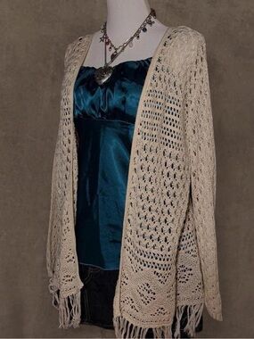 Boho Crochet Open-Knit Fringe Cardigan - Cream